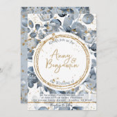 Eucalyptus Gold Glitter - Dusty Blue Invitation 2 Kaart (Voorkant / Achterkant)
