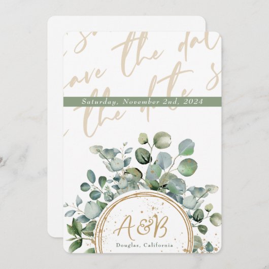 Eucalyptus Gold Glitter - Groen - Save the date 1 Kaart (Voorkant / Achterkant)