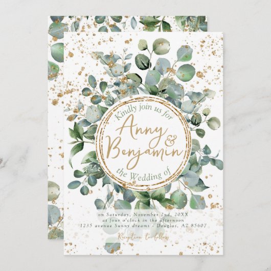 Eucalyptus Gold Glitter - Groen - Uitnodiging 01 (Voorkant / Achterkant)