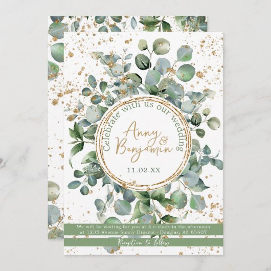 Eucalyptus Gold Glitter - Groen - Uitnodiging 04 (Voorkant / Achterkant)