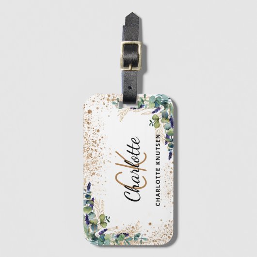 Eucalyptus gold glitter monogram naam bagagelabel (Voorkant (verticaal))