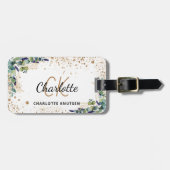 Eucalyptus gold glitter monogram naam bagagelabel (Voorkant horizontaal)