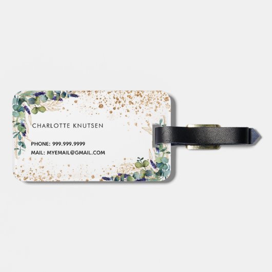 Eucalyptus gold glitter monogram naam bagagelabel (Achterkant horizontaal)