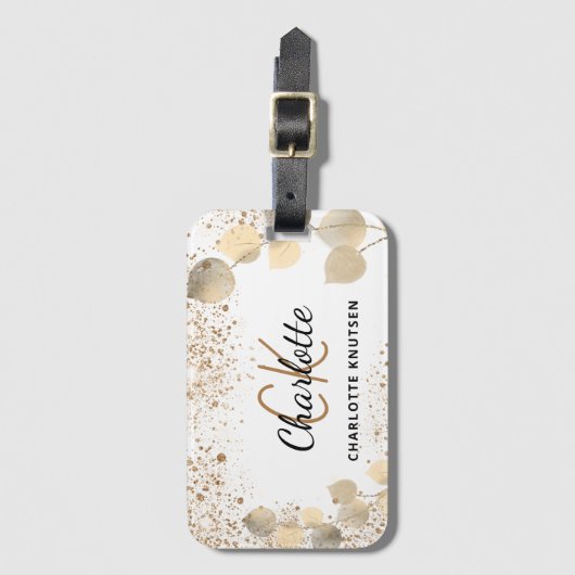 Eucalyptus gold glitter monogram naam bagagelabel (Voorkant (verticaal))