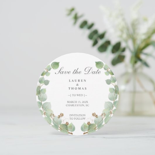 Eucalyptus Gold Glitter Save The Date (Staand voorkant)