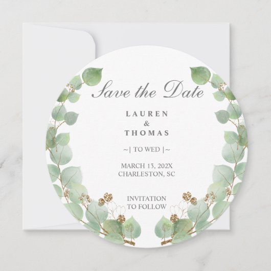 Eucalyptus Gold Glitter Save The Date (Voorkant)
