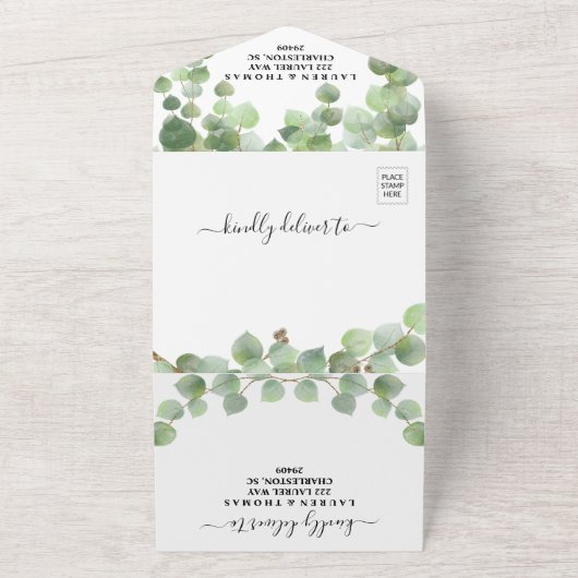 Eucalyptus Gold Glitter Weddenschap All In One Uitnodiging (Buitenkant)