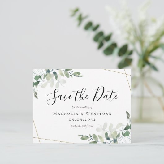 Eucalyptus Gold Glitter Weddenschap Save the Date Briefkaart (Staand voorkant)