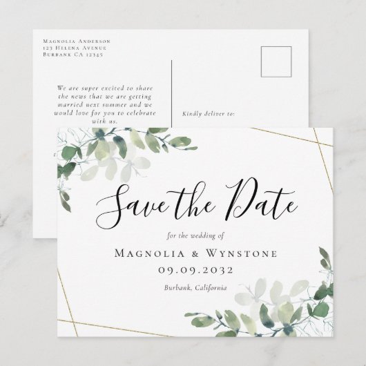 Eucalyptus Gold Glitter Weddenschap Save the Date Briefkaart (Voorkant / Achterkant)