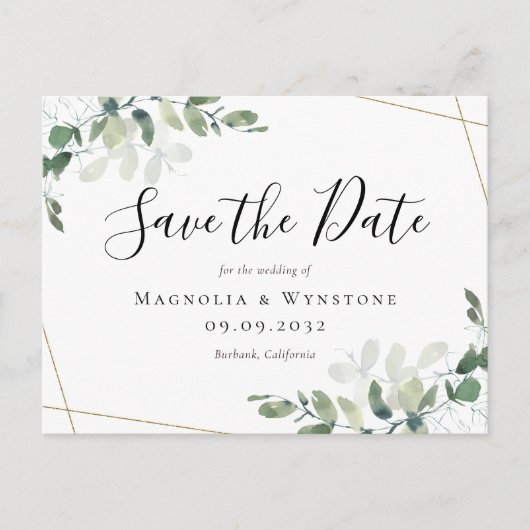 Eucalyptus Gold Glitter Weddenschap Save the Date Briefkaart (Voorkant)
