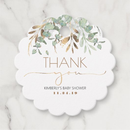 Eucalyptus Gold Greenery Baby shower Hartelijk dan Bedankjes Labels (Voorkant)