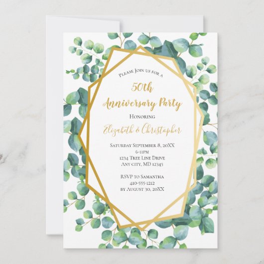 Eucalyptus Gold Greenery Jubilea Party Kaart (Voorkant)