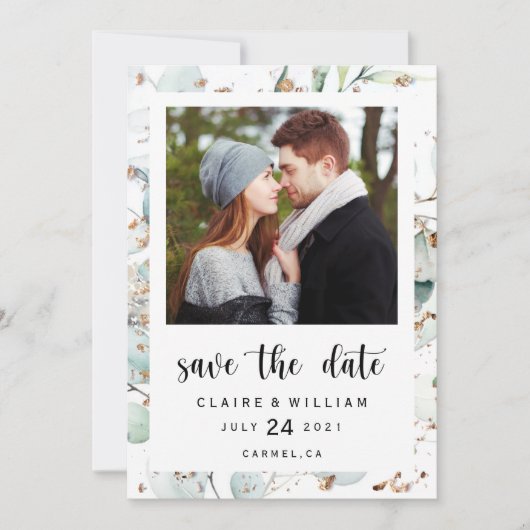 Eucalyptus Gold Greenery Photo Save the Date Kaart (Voorkant)