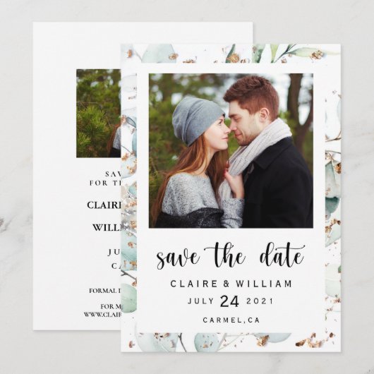 Eucalyptus Gold Greenery Photo Save the Date Kaart (Voorkant / Achterkant)