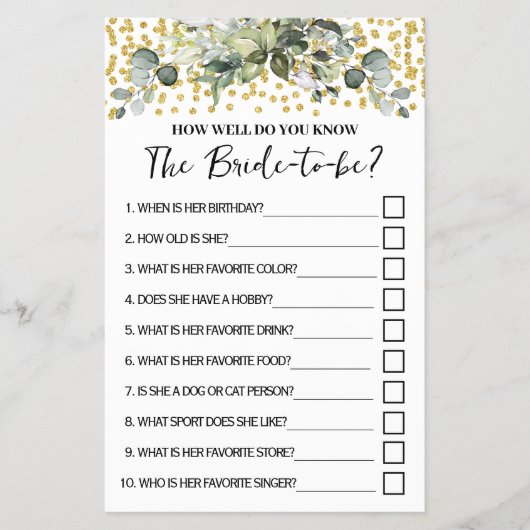 Eucalyptus Gold Hoe goed ken je haar spelkaart Flyer (Voorkant)