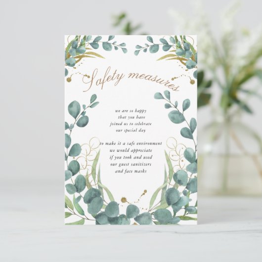 Eucalyptus Gold Leaves Bruiloft Veiligheidsmaatreg Informatiekaartje (Staand voorkant)