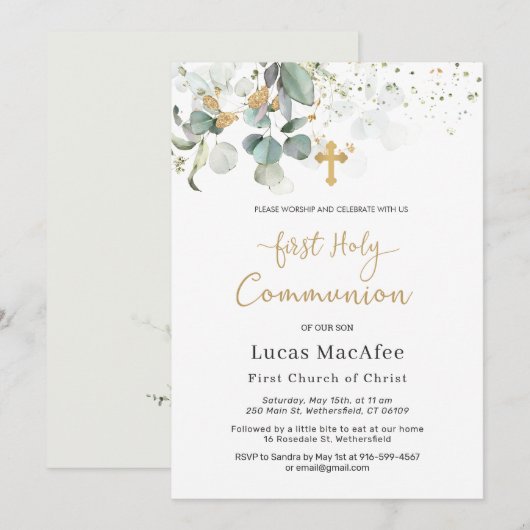 Eucalyptus Gold Leaves Cross First Community Kaart (Voorkant / Achterkant)