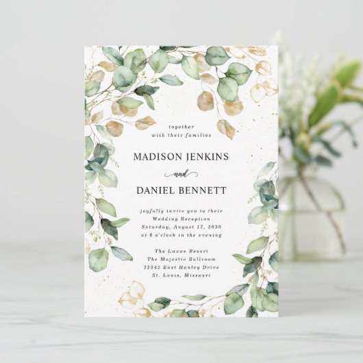 Eucalyptus Gold Leaves Wedding Kaart (Staand voorkant)