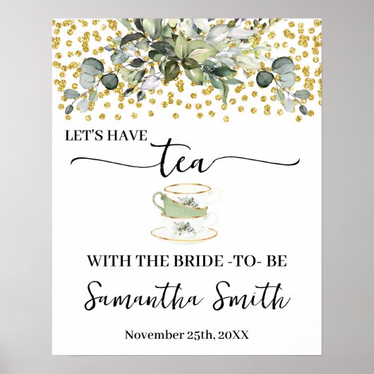 Eucalyptus Gold Let's have Tea with Bride Wedding Poster (Voorkant)