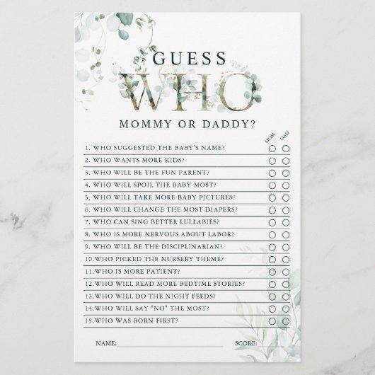 Eucalyptus Gold Letter Mam of Pap Baby shower (Voorkant)