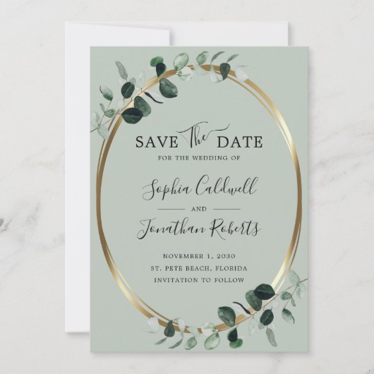 Eucalyptus Gold Metallic Sage Weddenschap Save The Date (Voorkant)