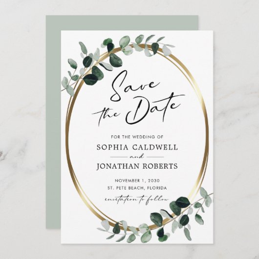 Eucalyptus Gold Modern Calligraphy Wedding Save The Date (Voorkant / Achterkant)