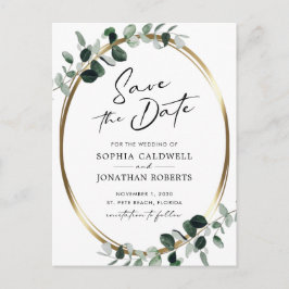 Eucalyptus Gold Moderne kalligrafie Sparen de Datu Aankondigingskaart