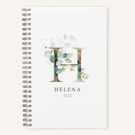 Eucalyptus Gold Monogram Initiaal H Floral Greener Notitieboek (Voorkant)