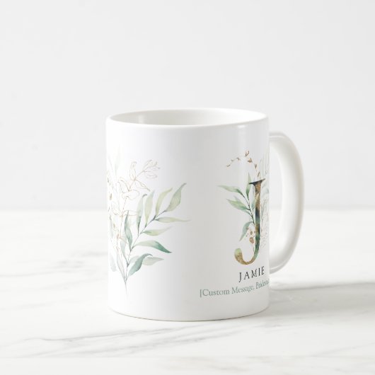 Eucalyptus Gold Monogram Initiaal J Greenery Chic Koffiemok (Voorkant rechts)