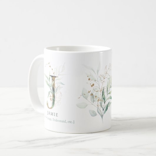 Eucalyptus Gold Monogram Initiaal J Greenery Chic Koffiemok (Voorkant links)