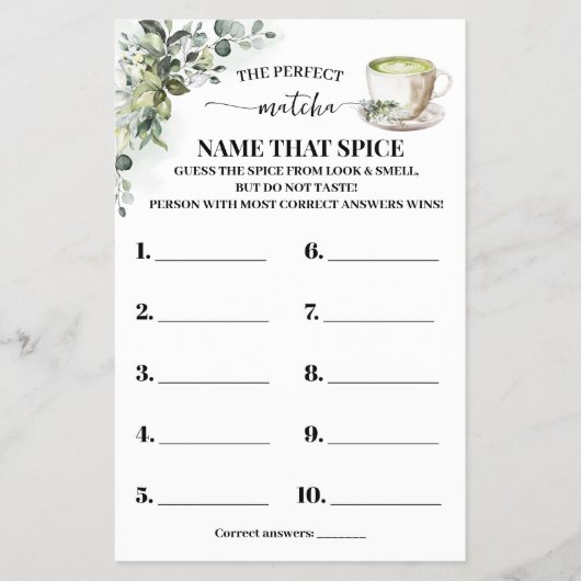 Eucalyptus Gold Name that Spice Shower Game Card Flyer (Voorkant)