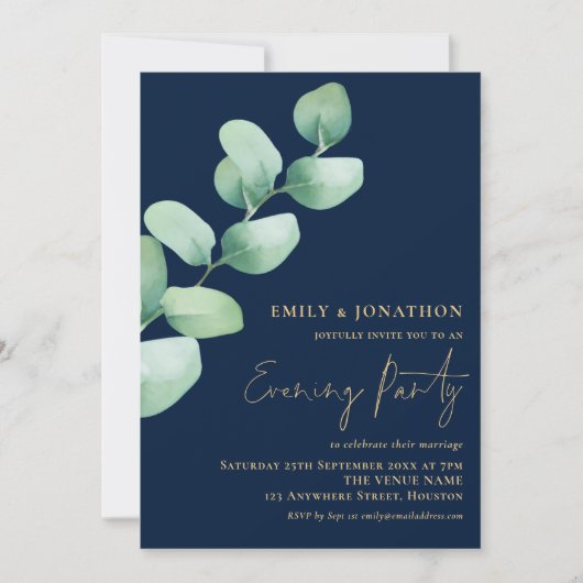 Eucalyptus Gold Navy Blue Wedding Evening Party Kaart (Voorkant)