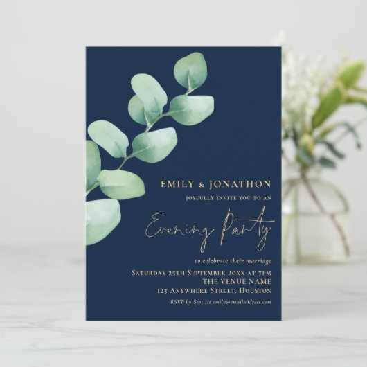Eucalyptus Gold Navy Blue Wedding Evening Party Kaart (Staand voorkant)