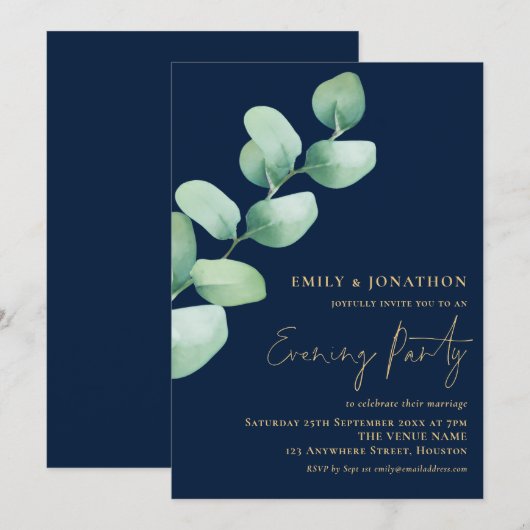 Eucalyptus Gold Navy Blue Wedding Evening Party Kaart (Voorkant / Achterkant)