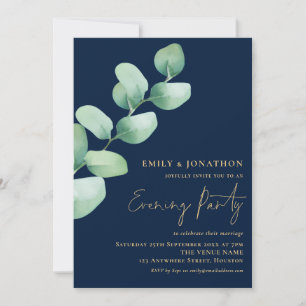 Eucalyptus Gold Navy Blue Wedding Evening Party Kaart
