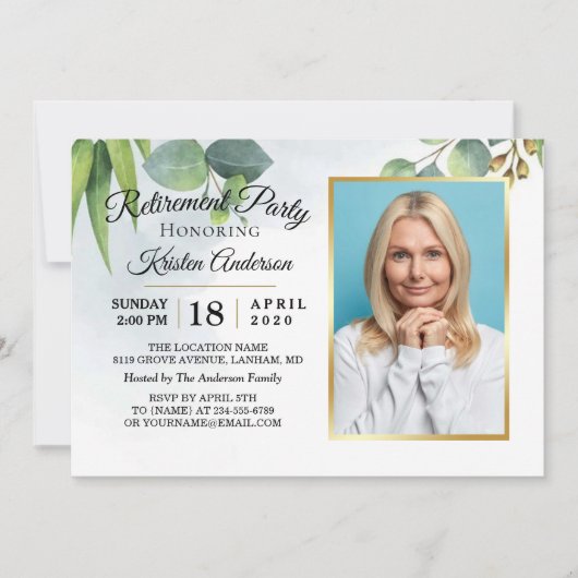 Eucalyptus Gold Photo Retirement Party Invitation Kaart (Voorkant)