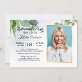 Eucalyptus Gold Photo Retirement Party Invitation Kaart