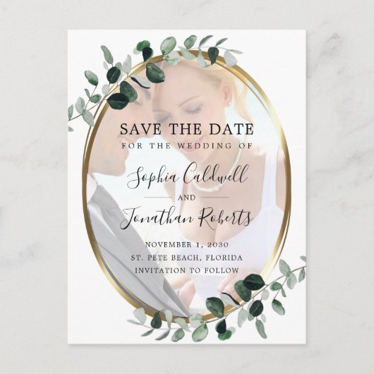 Eucalyptus Gold Photo Weddenschap Save the Date Aankondigingskaart (Voorkant)