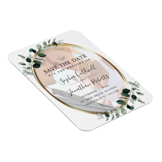 Eucalyptus Gold Photo Weddenschap Save the Date Magneet (Rechterzijde)