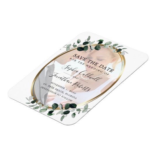 Eucalyptus Gold Photo Weddenschap Save the Date Magneet (Linkerzijde)