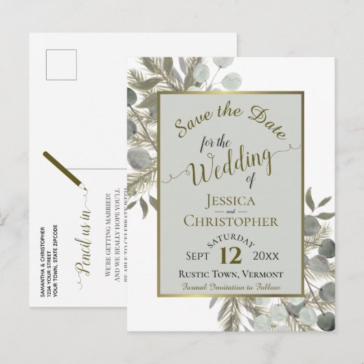 Eucalyptus & Gold Pine Grey Wedding Sla de datum o Aankondigingskaart (Voorkant / Achterkant)