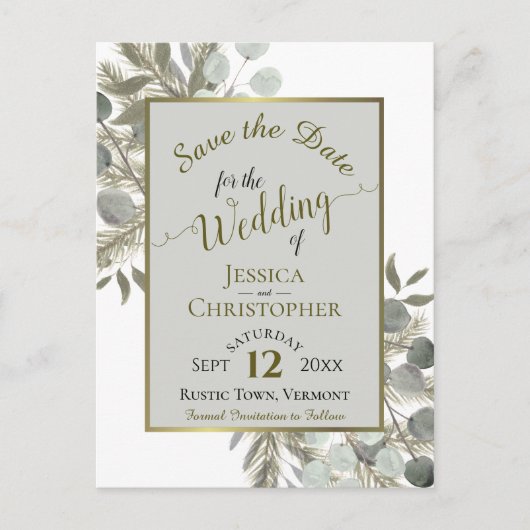 Eucalyptus & Gold Pine Grey Wedding Sla de datum o Aankondigingskaart (Voorkant)