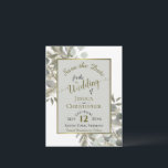 Eucalyptus & Gold Pine Grey Wedding Sla de datum o Aankondigingskaart<br><div class="desc">Deze prachtige save the date briefkaart is ontworpen om je vrienden en familie een voorsprong te geven op je aanstaande trouwdatum. Het rustieke handgeschilderde ontwerp van de waterverf is voorzien van takjes eucalyptusbladeren en dennentakken in de kleuren saliegroen en goudkleurig met de kleverige scriptkalligrafie die de datum op een bleke...</div>
