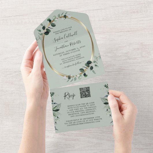 Eucalyptus Gold QR Code RSVP Sage Weddenschap All In One Uitnodiging (Afscheurbaar)