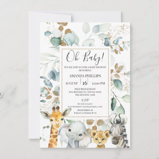 Eucalyptus Gold Safari Animals Baby shower Kaart (Voorkant)