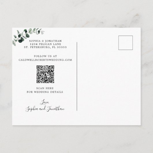 Eucalyptus Gold Sage QR-code De datum opslaan Aankondigingskaart (Achterkant)