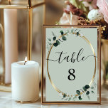 Eucalyptus Gold Sage Romantic Calligraphy Wedding Kaart<br><div class="desc">Emerald Hued Eucalyptus op Sage Romantische Kalligrafie Trouwtafel Nummer Kaarten... Emerald-hued waterverf eucalyptus bladeren op faux gouden metallic lijst uw receptie tafel nummers op onze op maat ontworpen trouwtafel kaart sjabloon. U kunt eenvoudig de nummertekst op de personalisatie-sjabloon wijzigen... klik gewoon op de kaart met tabelnummers en voer elk nummer...</div>