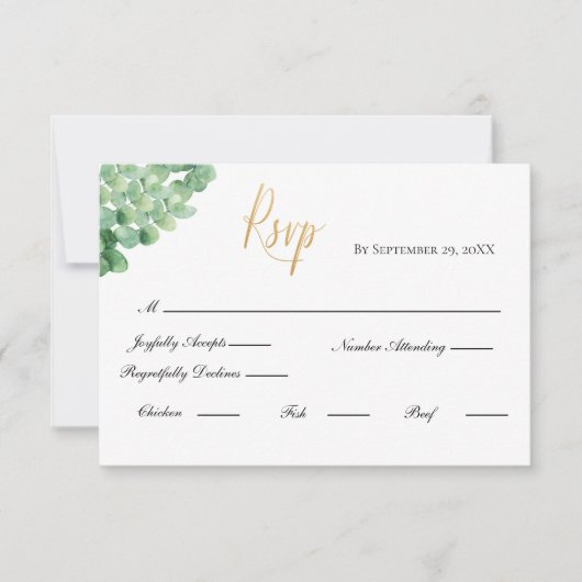 Eucalyptus Gold Script Formal Elegant Weddenschap RSVP Kaartje (Voorkant)
