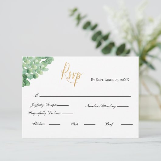 Eucalyptus Gold Script Formal Elegant Weddenschap RSVP Kaartje (Staand voorkant)