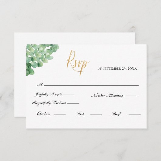 Eucalyptus Gold Script Formal Elegant Weddenschap RSVP Kaartje (Voorkant / Achterkant)